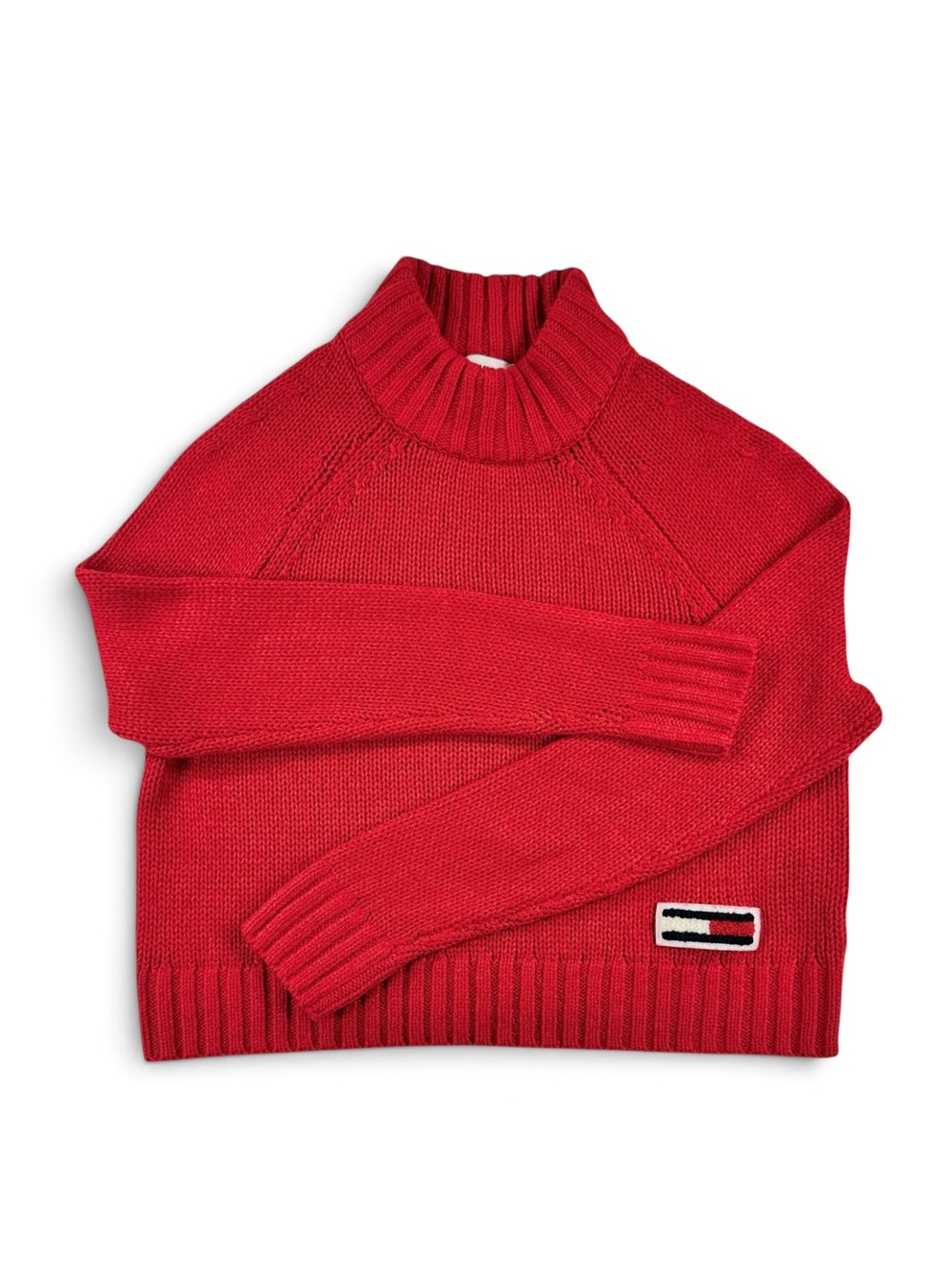 Tommy Jeans Red Cropped Mock Neck Cable Knit Pullover Sweater - Size XS
